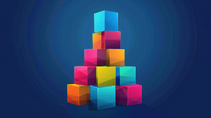 Obraz premium Colorful geometric blocks are stacked in pyramid formation against dark blue background, creating vibrant and modern visual appeal. arrangement showcases blend of bright colors, adding playful touch
