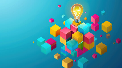 Innovative light bulb concept with colorful 3D cubes representing creativity and ideas. This vibrant design symbolizes inspiration and modern technology