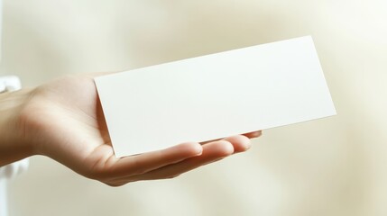 Closeup of hand holding a blank gift certificate with subtle bokeh background, emphasizing minimalism and simplicity gift certificate, hand, minimalist design