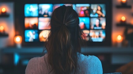 a young woman watching TV, choosing between many items on stream, female with ling hair sitting in front of a monitor wide large screen 
