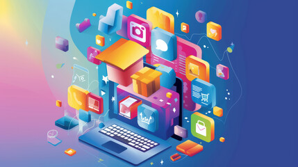 Digital education and technology are represented through vibrant illustration featuring laptop surrounded by colorful icons symbolizing online learning, communication, and e commerce
