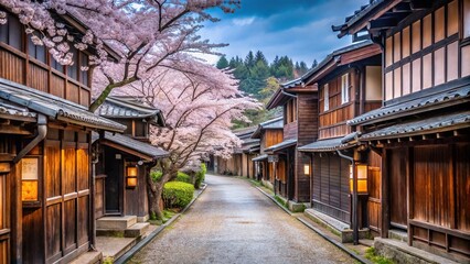 Symmetrical Japanese countryside alley with wooden houses and cherry blossom trees in full bloom
