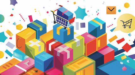 Colorful boxes and shopping cart create vibrant scene representing online shopping and delivery. playful design evokes excitement and joy in shopping experience