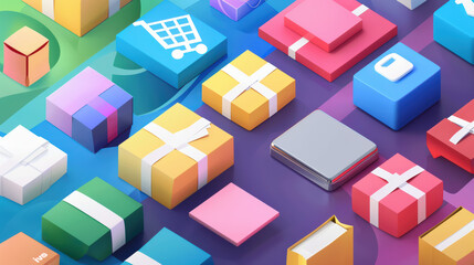 Obraz premium Colorful gift boxes and shopping icons are arranged in vibrant layout, creating festive and cheerful atmosphere. This design evokes feelings of celebration and joy