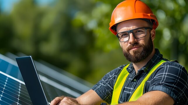 Professional woman solar panel technician in safety vest and helmet examining performance data on her laptop while standing in front of a row of solar panels at a renewable energy facility