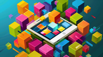 Obraz premium vibrant digital illustration featuring smartphone surrounded by colorful 3D cubes, symbolizing technology and creativity. bright colors evoke sense of innovation and playfulness