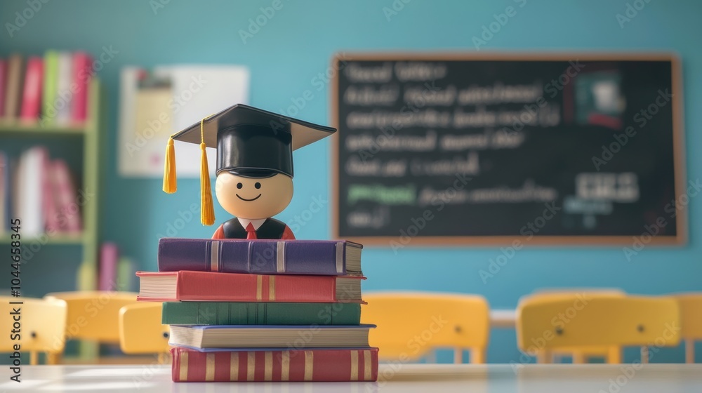 Aufkleber a smiling graduation figurine in a cap is placed on a stack of vibrant books in a bright classroom f