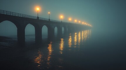 A long, arched bridge stretches into the fog, illuminated by streetlights. The reflections of the lights shimmer on the water below.