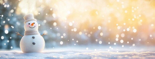 Obraz premium A cute snowman stands on a snowy surface against a blurred background of a winter landscape, copy space on the background . Merry Christmas and Happy New Year holiday banner. Festive backdrop