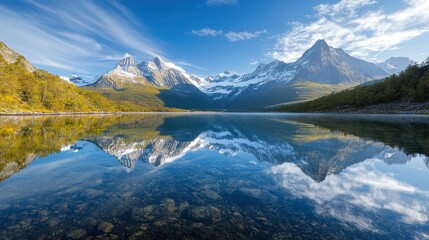 Majestic mountain peaks reflected in a pristine alpine lake, creating a stunning mirror image of the scenery.