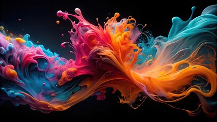 Symmetrical liquid forms on black background with multicolored paint dynamic flow