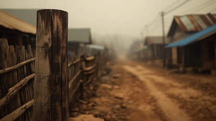 Thick fog envelops a dirt road flanked by rustic wooden fences, leading to quaint houses that evoke a peaceful, rural atmosphere