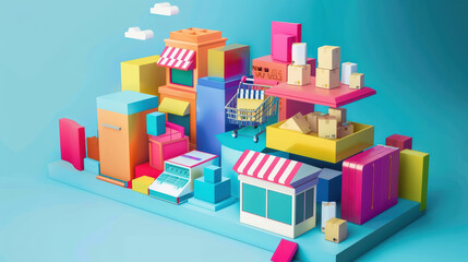 Fototapeta premium Colorful 3D illustration of vibrant shopping scene featuring various stylized buildings, boxes, and shopping cart. This playful design evokes sense of fun and creativity in retail