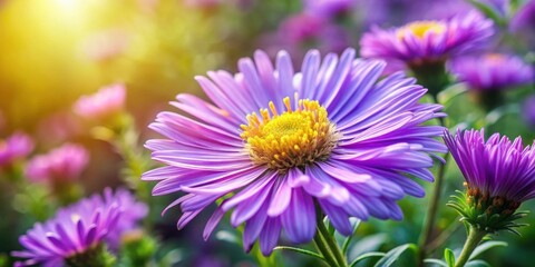 Fototapeta premium Closeup of a purple Aster amellus flower opening its petals in a garden under the sun, purple, flower, closeup, Aster amellus, garden