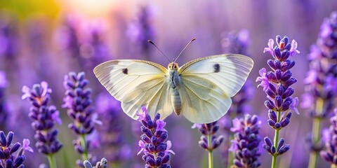 Naklejka premium Symmetrical macro of a cabbage white pieris rapae butterfly on lavender blossoms
