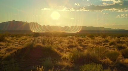 Sound waves radiating across a serene landscape, symbolizing the interconnectedness and harmony of natural and auditory elements.