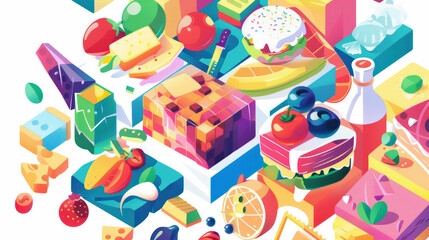 Naklejka premium Colorful and vibrant illustration of various food items including fruits, cakes, and cheeses, creating joyful and appetizing scene