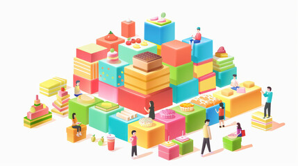 Fototapeta premium Delight in colorful array of desserts and treats, featuring vibrant blocks of sweets and playful characters enjoying delightful scene