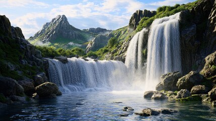 Fototapeta premium Cascading Serenity: A Tranquil Waterfall in Nature's Embrace