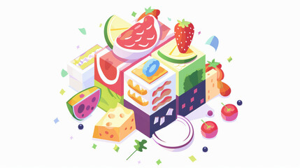 Naklejka premium Colorful fruits and cheeses arranged in playful, artistic composition, showcasing variety of textures and shapes. This vibrant illustration captures essence of fresh produce and dairy delights