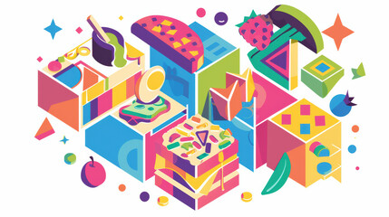 Colorful geometric shapes and food items create vibrant and playful illustration, showcasing variety of culinary delights and abstract designs. This artwork is perfect for food lovers and art