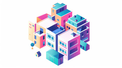 Fototapeta premium Modern urban architecture in vibrant colors showcases stylized cityscape with various buildings and tree, creating lively and imaginative atmosphere