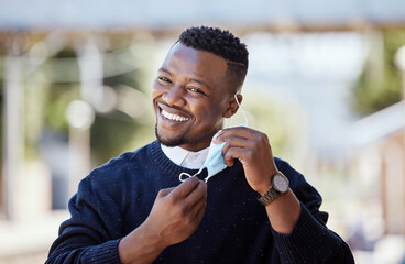 Smile, black man and face mask for travel outdoor with compliance, health safety and morning...