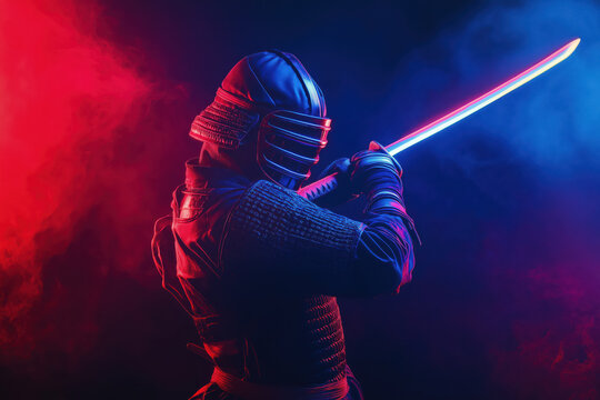 A man in a black suit holding a sword with a blue and red light on it
