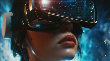 Naklejka premium Teenage girl touching helmet and wearing virtual reality headset. Future digital virtual reality technology and entertainment.