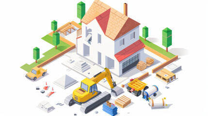 Fototapeta premium vibrant construction scene featuring house under renovation, with machinery, building materials, and vehicles scattered around. atmosphere conveys sense of activity and progress