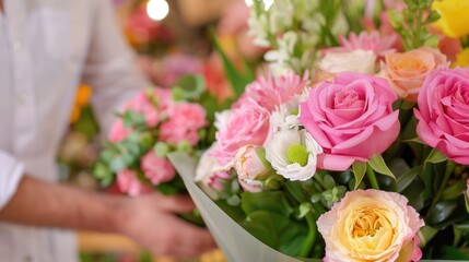 Obraz premium Florist arranging bouquet of pink roses, carnations, and greenery in flower shop.