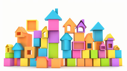 Colorful building blocks in various shapes and sizes create vibrant cityscape, showcasing creativity and imagination. Perfect for educational and playful settings