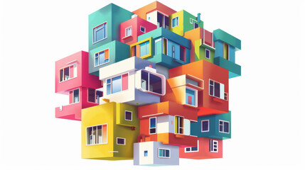 Naklejka premium Colorful abstract architecture design featuring stacked geometric shapes and windows, creating vibrant and playful visual experience