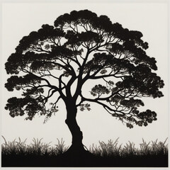 dramatic detailed silhouette of a large spreading oak tree.Tree Oak Linden Tree royalty-free stock illustration.A drawing of a tree with the word tree on it.