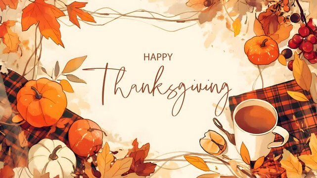happy thanksgiving day lettering animation, handwriting with 2d style thanksgiving background
