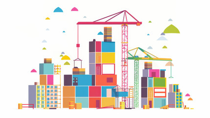Colorful construction site illustration featuring cranes and buildings, showcasing vibrant urban landscape under bright sky