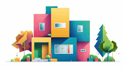 Fototapeta premium vibrant and modern house design featuring colorful geometric shapes, surrounded by stylized trees and plants, creating cheerful and inviting atmosphere