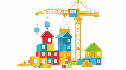 Building blocks and construction crane create vibrant scene of creativity and playfulness, showcasing colorful houses and structures. This captures essence of imaginative play and construction