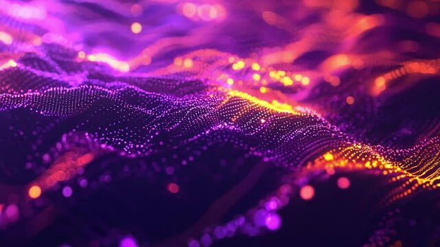 Colorful abstract visualization of digital waves displaying vibrant purple and orange patterns in a dynamic motion