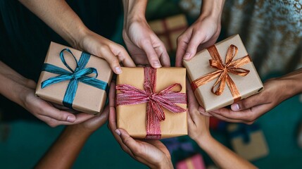 A vibrant celebration of generosity and community spirit, showcasing diverse hands exchanging gifts in a high-quality image.