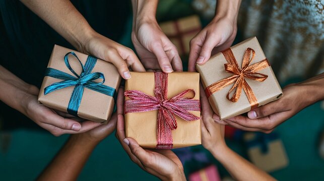 A vibrant celebration of generosity and community spirit, showcasing diverse hands exchanging gifts in a high-quality image.
