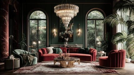 Obraz premium A luxurious living room with high ceilings, velvet furnishings, and sparkling chandeliers, exuding opulence and refined elegance
