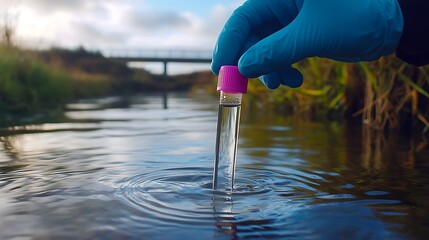 a single hand taking a sample from river water inside a glass, concept of environment pollution and scientific ways to overcome to problems