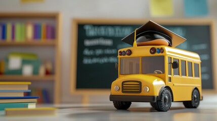 A cute, small school bus wearing a graduation cap sits on a desk, next to colorful books and a chalkboard in a classroom. Generative AI