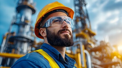 Technician in safety gear securing bolts on a massive offshore oil rig platform with towering mechanical parts and equipment used in the energy industry and oil and gas production