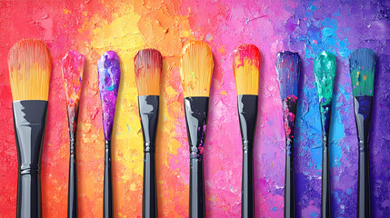 A row of paintbrushes with colorful paint splatters against a rainbow background.
