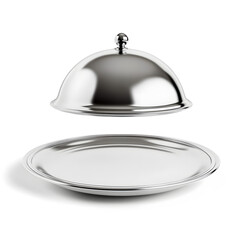 Obraz premium Silver serving cloche raised above empty plate, isolated on white background