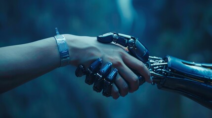 Human fingers and robot fingers with a brain icon in the middle Technological media meets humanity's background, a modern remake of The Creation of Adam.