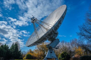 A massive satellite dish reaches toward the sky. It captures signals from space. A symbol of technology and communication. The vibrant clouds add beauty. Generative AI