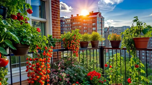Growing tomatoes on a urban balcony during sunset in summer